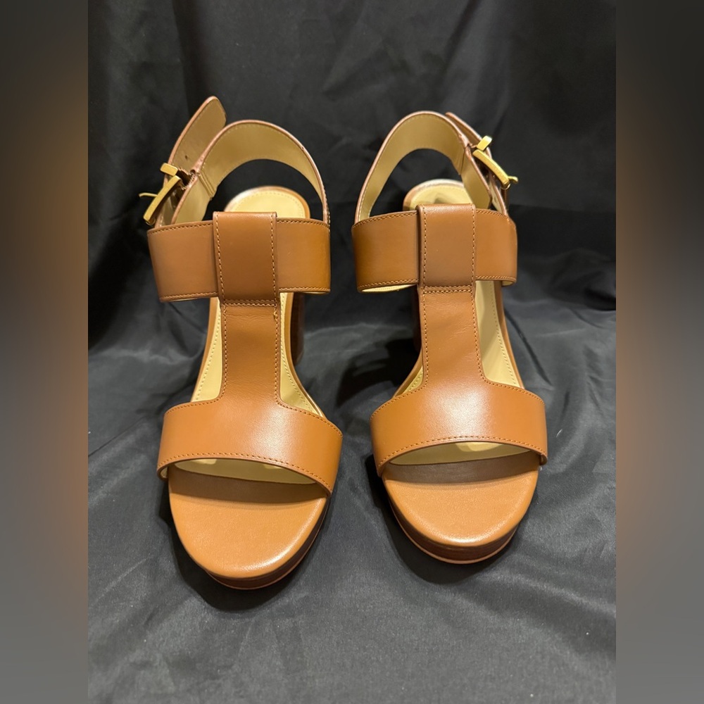NWOT Michael Kors Becker T-Strap Platform Brown Leather Sandals Size 9 - Picture 3 of 10